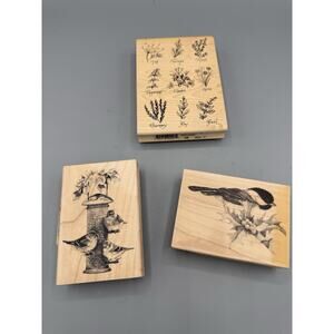 Lot 3 Wood Rubber Stamps Birds Feeder Chickadee Herbs Stampin Up